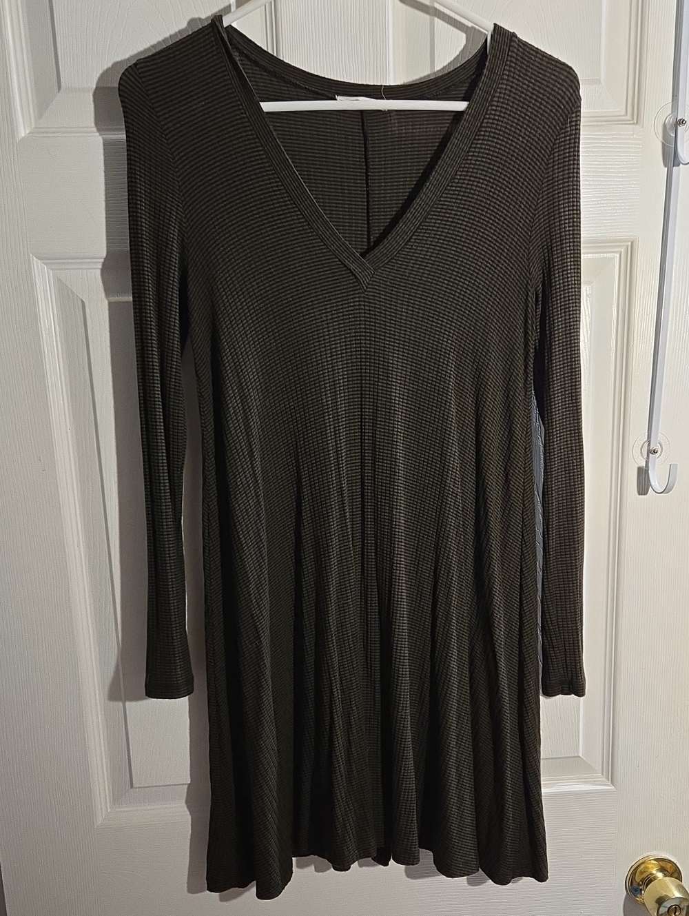 Lush Olive Green Ribbed V-Neck Long Sleeve Swing Dress